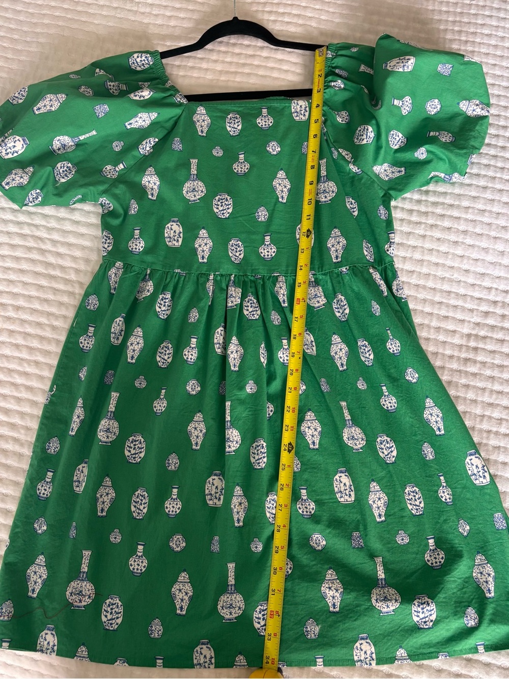 Green Puff Sleeve Mini Dress with White Ginger Jar Print - Picture 4 of 5